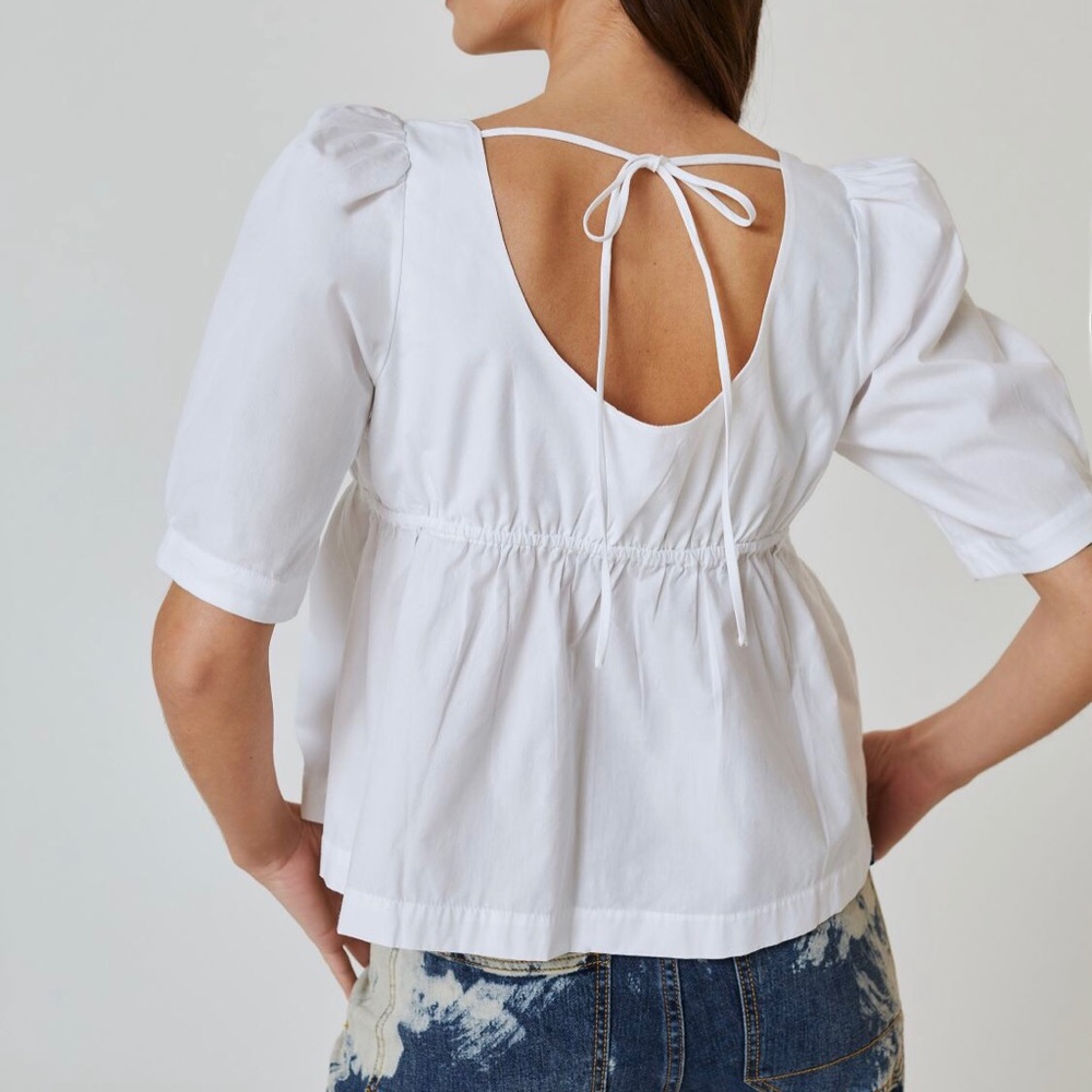 Anthropologie White Short Sleeve Scoop Neck Cotton Blouse Top Petite XXS PXXS - Picture 2 of 3